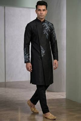 Black embroidered dupion silk kurta set 3