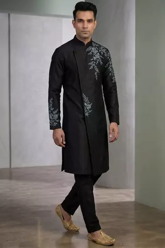 Black embroidered dupion silk kurta set