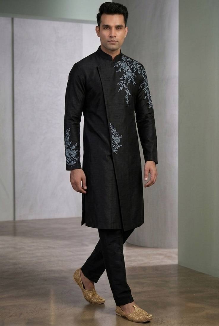 Black embroidered dupion silk kurta set