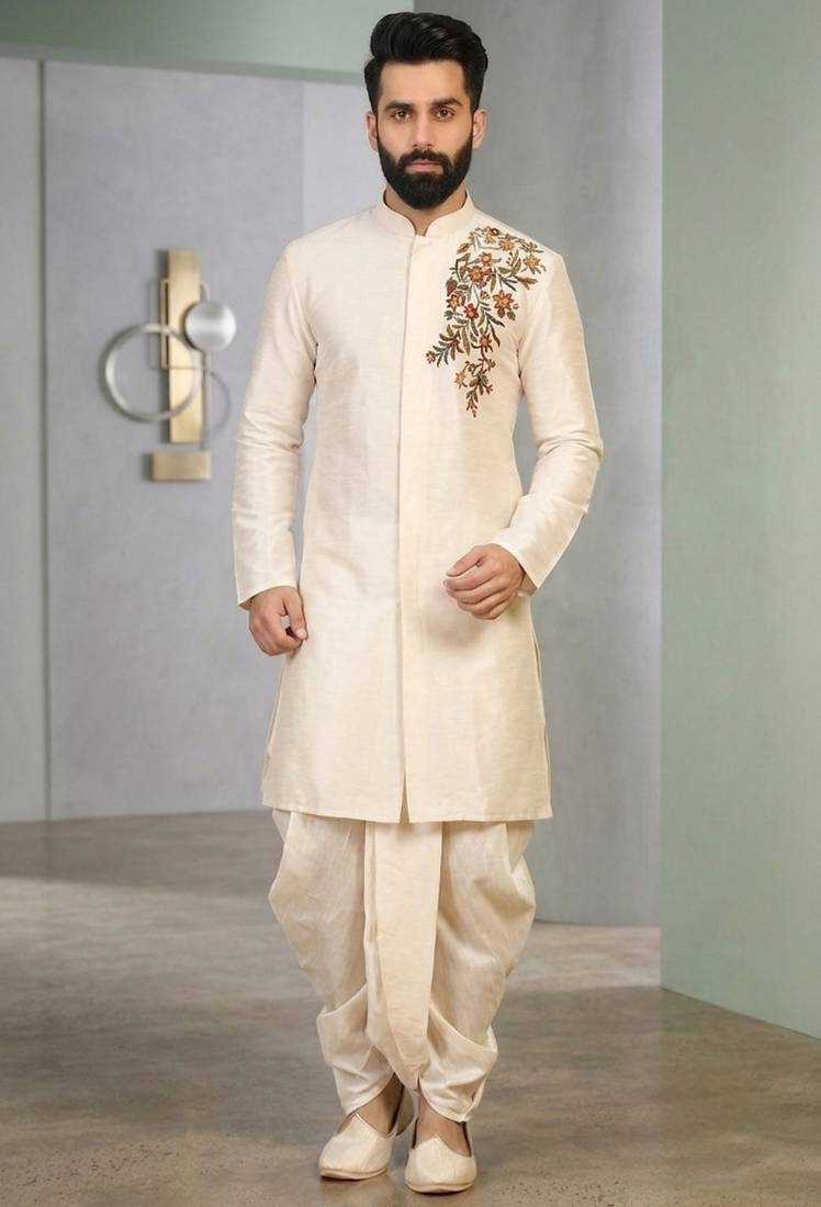 Cream embroidered dupion silk kurta set