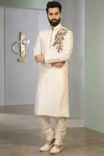 Cream embroidered dupion silk kurta set