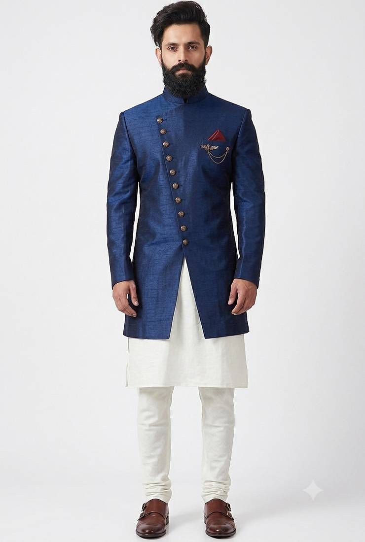 Blue dupion silk indo western kurta set