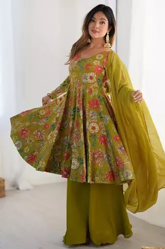 Green chanderi printed palazzo set