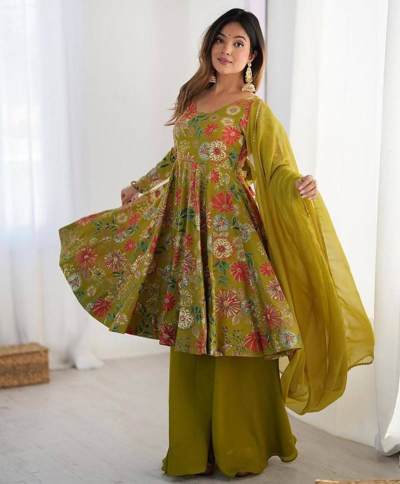Green chanderi printed palazzo set