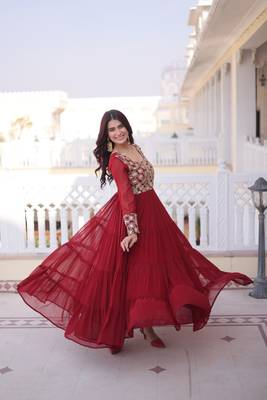 Maroon faux georgette sequins flared gown set 1