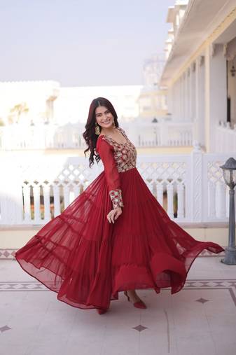 Maroon faux georgette sequins flared gown set