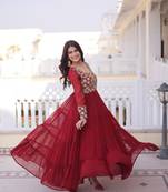 Maroon faux georgette sequins flared gown set