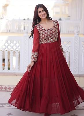 Maroon faux georgette sequins flared gown set 3