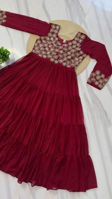 Maroon faux georgette sequins flared gown set 4