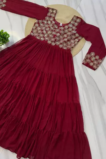Maroon faux georgette sequins flared gown set