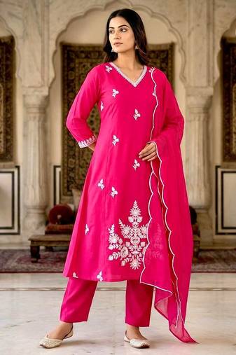 Pink cotton silk embroidered kurta set