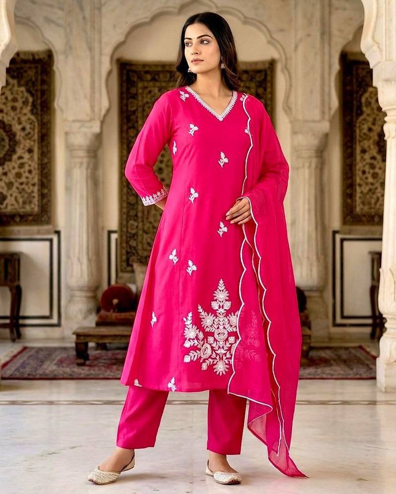 Pink cotton silk embroidered kurta set