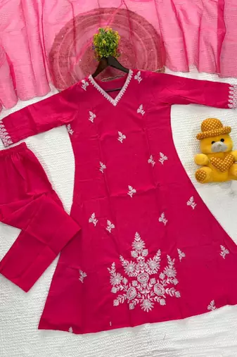 Pink cotton silk embroidered kurta set