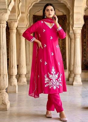 Pink cotton silk embroidered kurta set 3