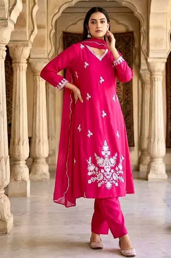 Pink cotton silk embroidered kurta set