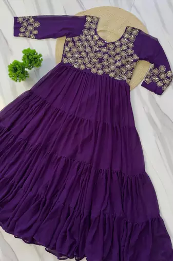 Purple faux georgette sequins flared gown set