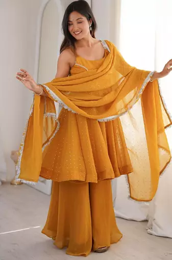yellow silk blend embroidered sharara set