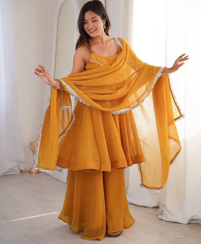 yellow silk blend embroidered sharara set