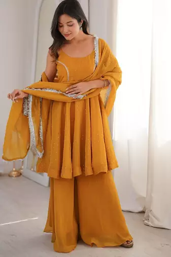 yellow silk blend embroidered sharara set