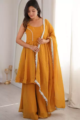 yellow silk blend embroidered sharara set