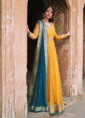 Yellow net thread flared gown set 2