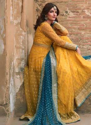 Yellow net thread flared gown set 3