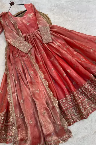 Pink silk blend embroidered flared gown set