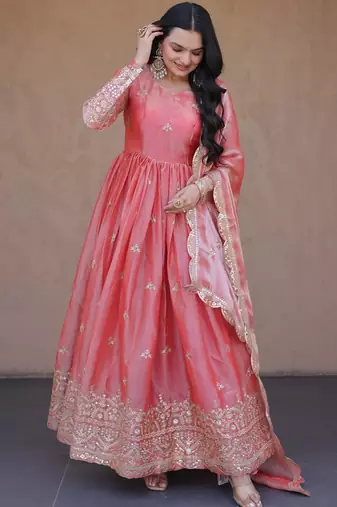 Pink silk blend embroidered flared gown set