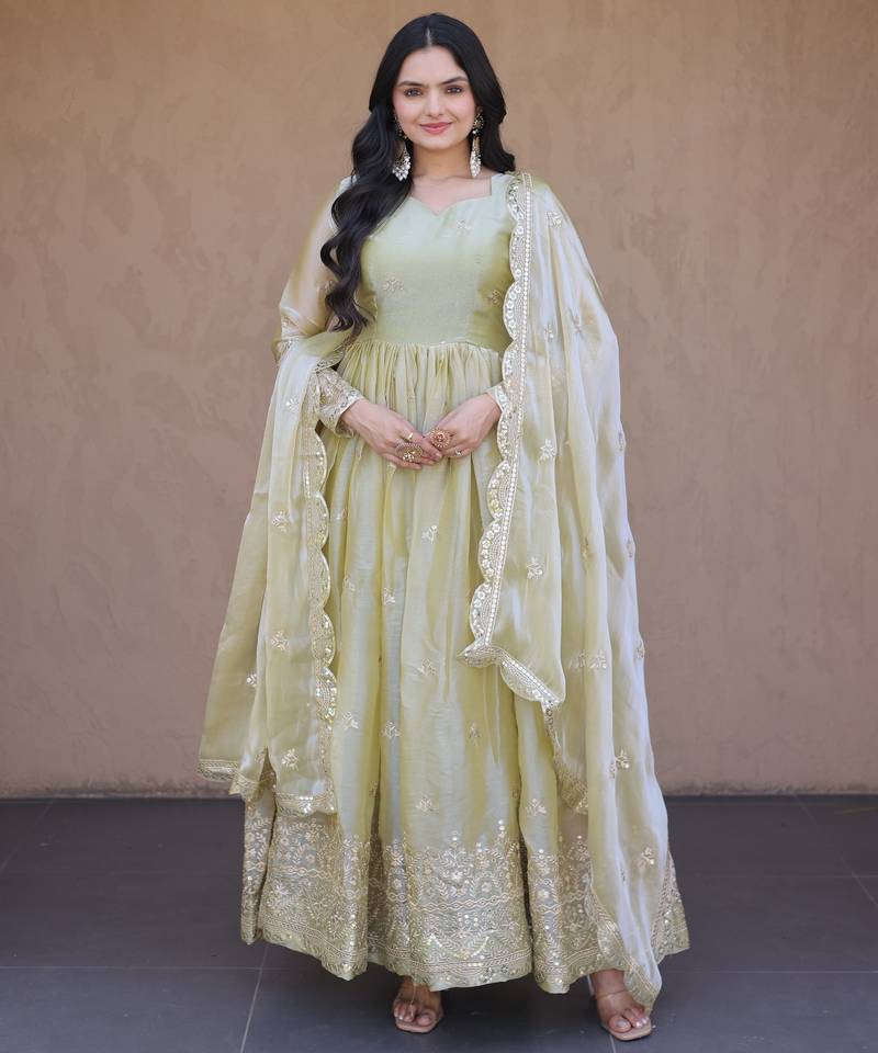Light-green silk blend embroidered flared gown set