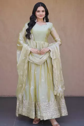 Light-green silk blend embroidered flared gown set