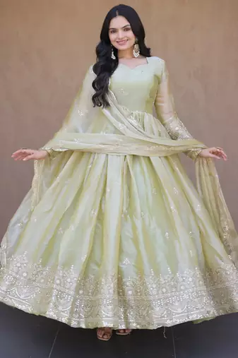 Light-green silk blend embroidered flared gown set