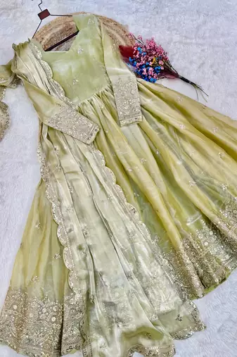 Light-green silk blend embroidered flared gown set