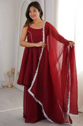 Red silk blend embroidered sharara set