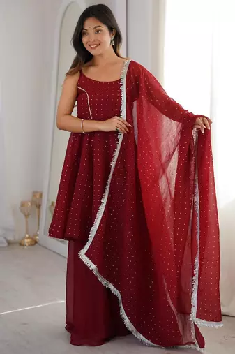 Red silk blend embroidered sharara set