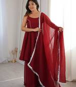 Red silk blend embroidered sharara set
