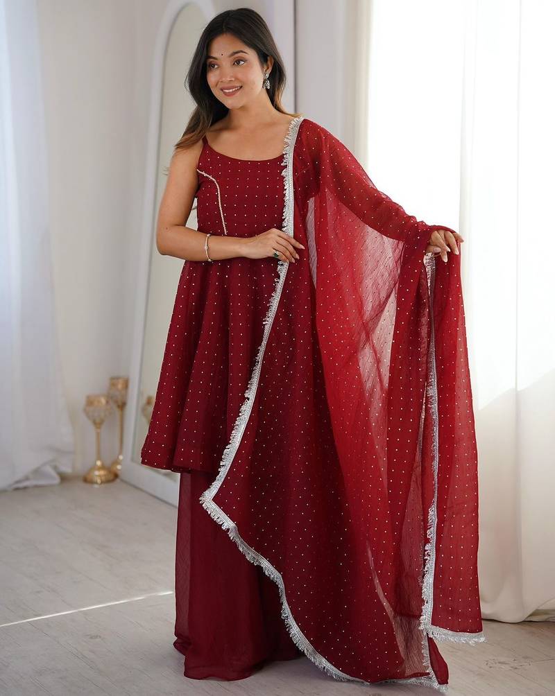 Red silk blend embroidered sharara set