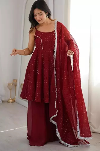Red silk blend embroidered sharara set
