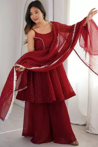 Red silk blend embroidered sharara set