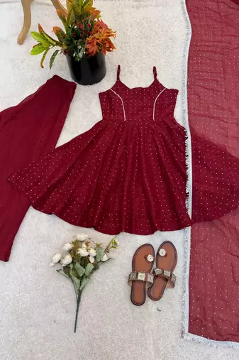Red silk blend embroidered sharara set