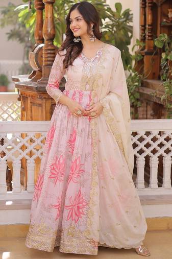 Pink silk blend embroidered flared gown set