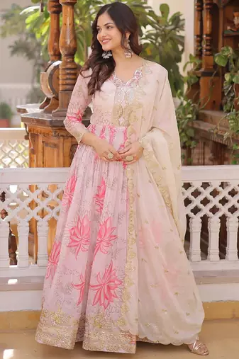 Pink silk blend embroidered flared gown set