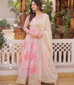 Pink silk blend embroidered flared gown set