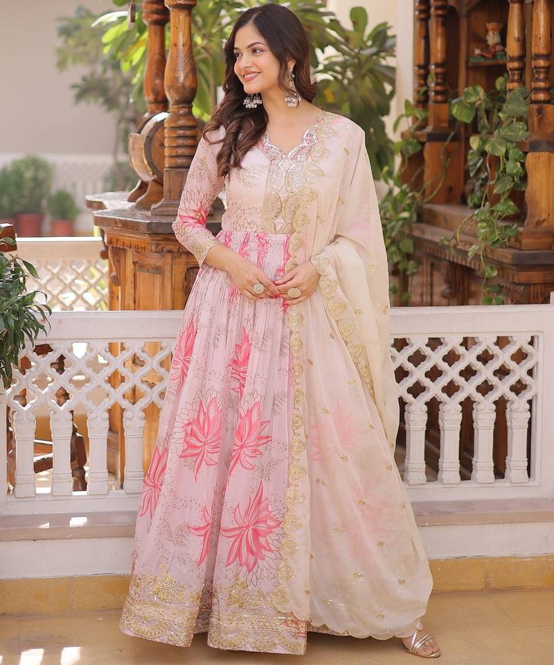 Pink silk blend embroidered flared gown set