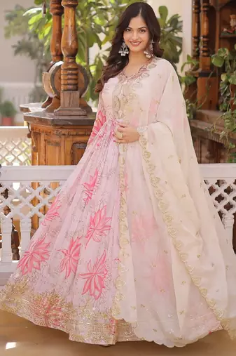 Pink silk blend embroidered flared gown set