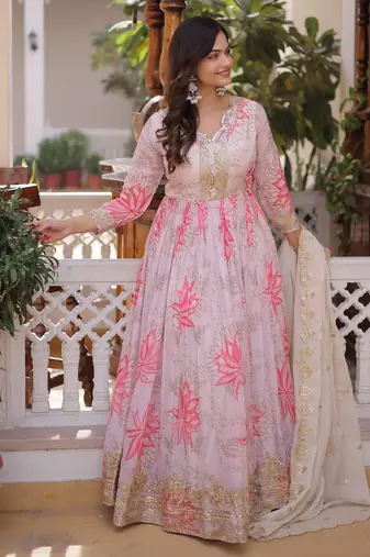 Pink silk blend embroidered flared gown set
