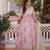 Pink silk blend embroidered flared gown set