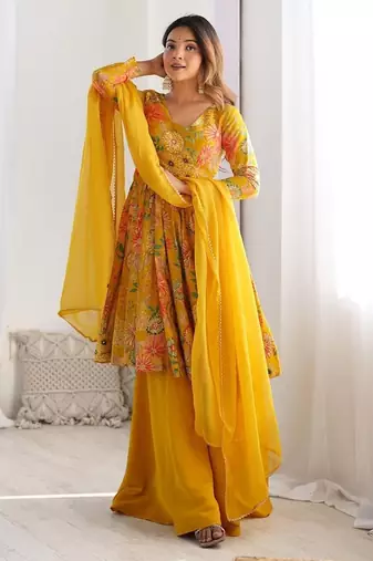 Yellow chanderi printed palazzo set