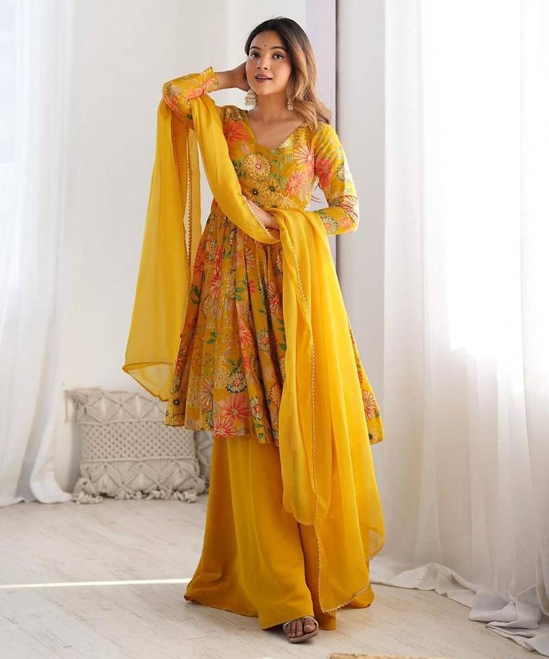 Yellow chanderi printed palazzo set