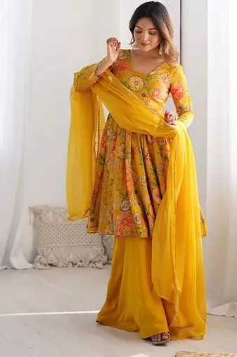 Yellow chanderi printed palazzo set