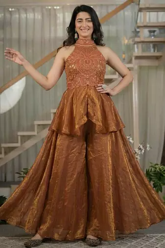 Brown silk blend beads palazzo set